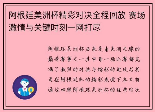 阿根廷美洲杯精彩对决全程回放 赛场激情与关键时刻一网打尽